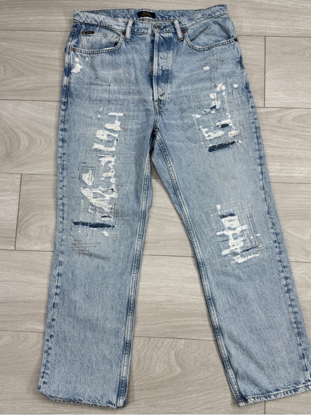 Polo Ralph Lauren Distressed Patchwork Straight Leg Jeans 28R Light Wash